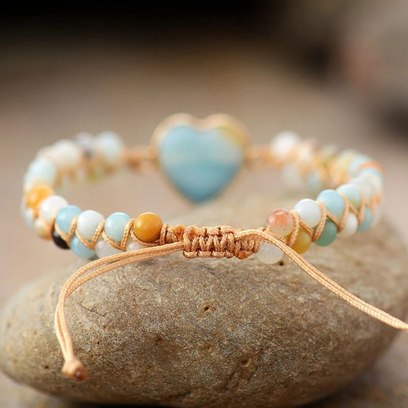 Classic Heart Shape Charm Bracelets Amazonite String Braided Macrame Wristband Teengirls Wrap Bracelet Femme Women Jewelry