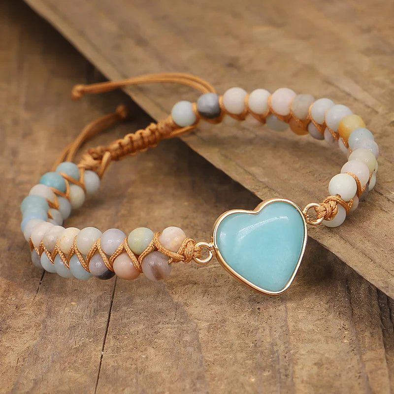 Classic Heart Shape Charm Bracelets Amazonite String Braided Macrame Wristband Teengirls Wrap Bracelet Femme Women Jewelry